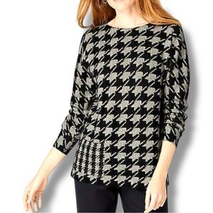 J.Jill Tan/Black Elegant Houndstooth Long Sleeve Knit Sweater Front Pocket Top